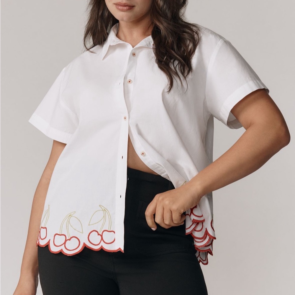 Maeve By Anthropologie White Cherry Embroidered Button Down Shirt